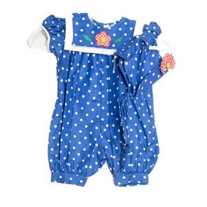 Jayne Copeland Size 12M Blue Polka Dot Baby Romper With Floral Accent